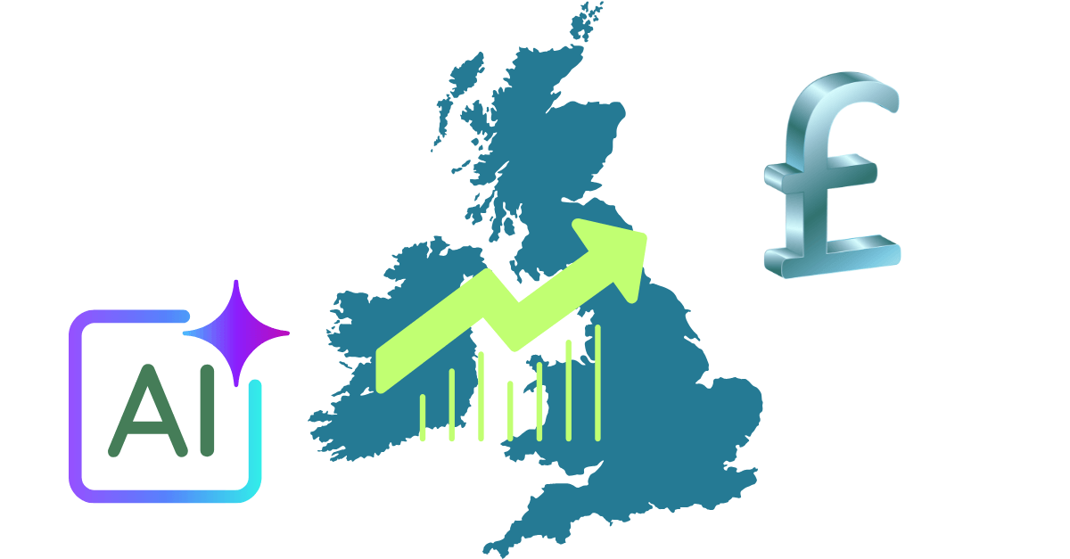 AI lead generation boosting UK SME growth with UK map, rising arrow graph, pound symbol and AI icon