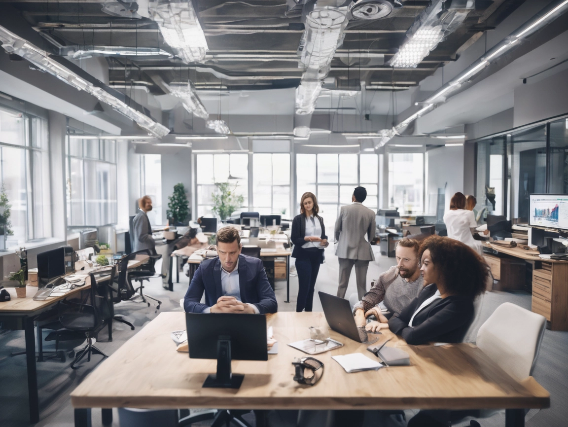 Modern UK office with business professionals collaborating on digital projects and AI-driven lead generation strategies.