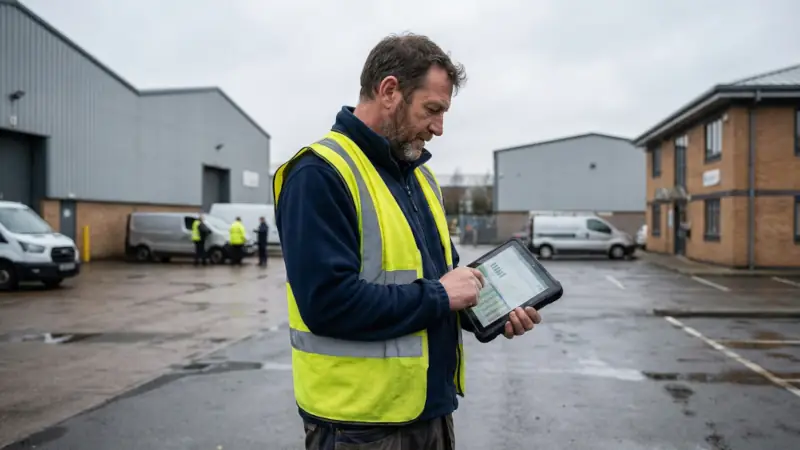 UK field service manager reviewing automated quotation system