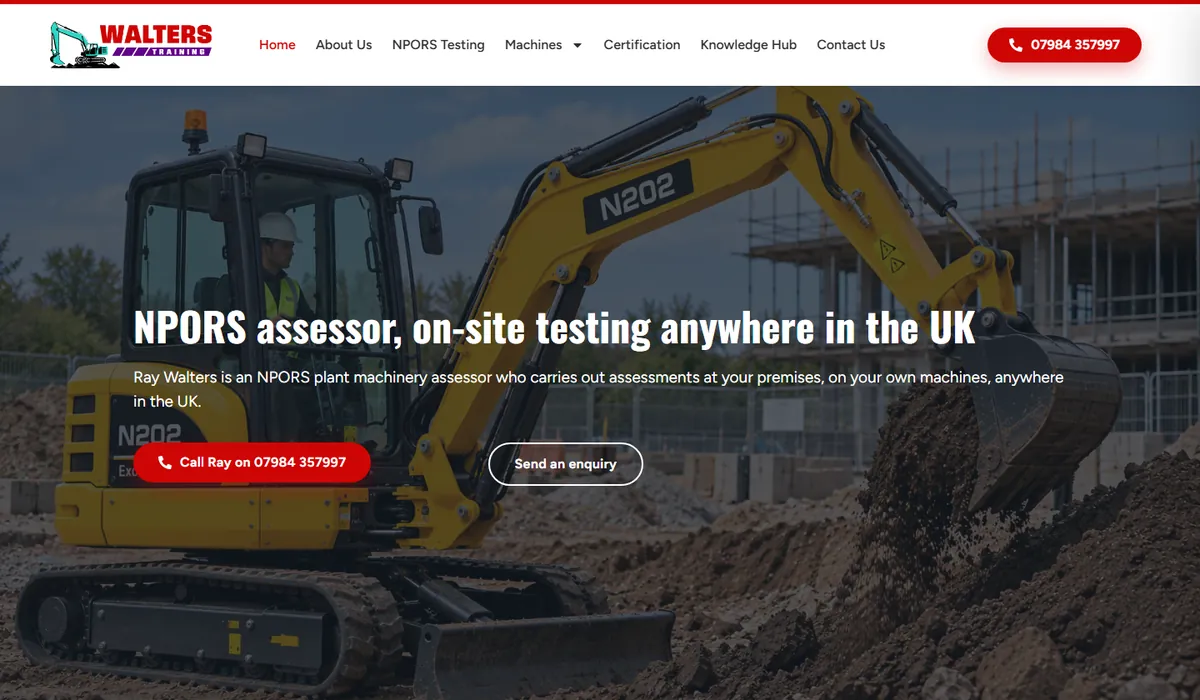 The rebuilt Walters Training home page, with an N202 excavator on site and a red call button